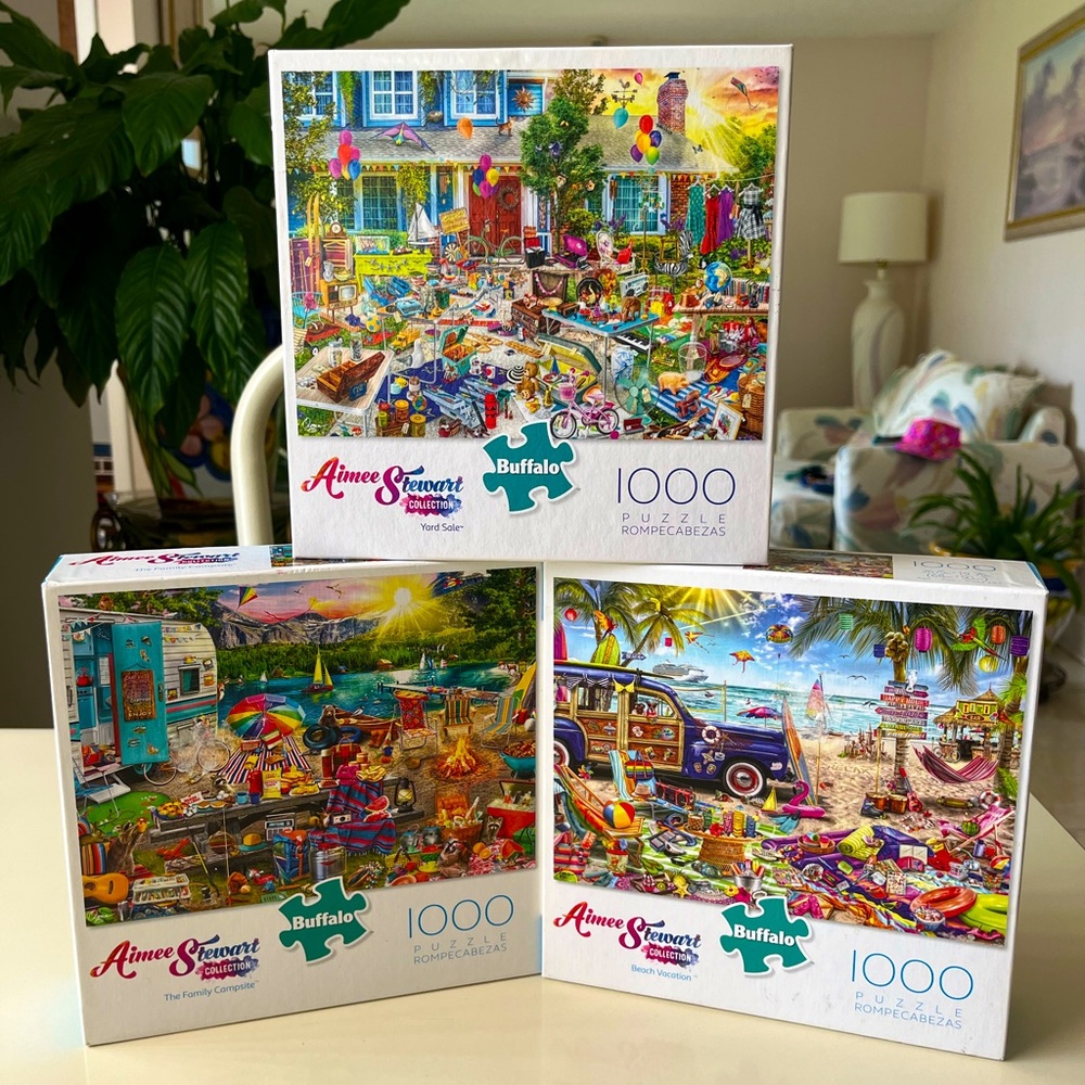 3 Aimee Stewart 1000 Piece Puzzles - Yard Sale, Beach Vacation, Family Campsite